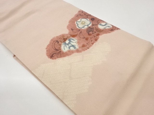 縮緬地手描き絞り草花模様名古屋帯